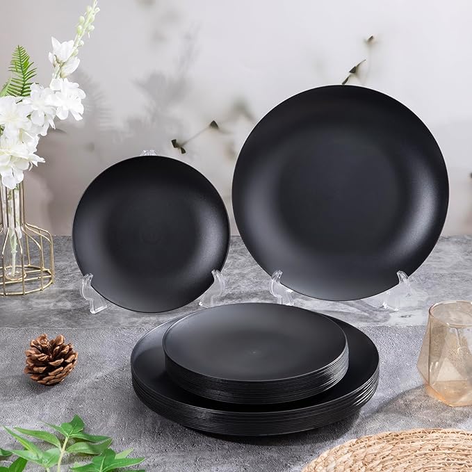 EI 80pcs Black Dessert Plates 7.5inch,Disposable Matte Plastic Plate Frosted Small Black Dessert/Cake/Appetizer Plastic Plates Disposable Heavy Duty for Party,Wedding,Graduation Decorations