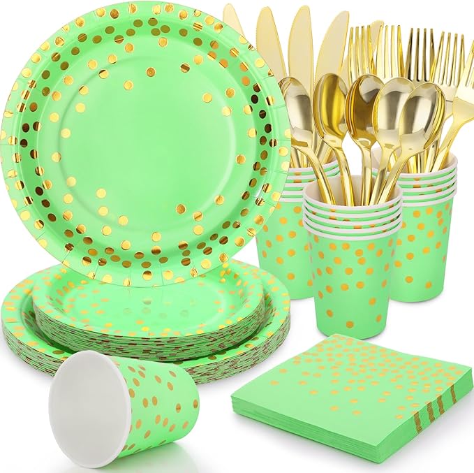 Green Paper Plates, 168 Pcs Lime Green Plates and Napkins Party Supplies, Birthday Plates Serve 24, for St Patricks Day, Graduation Party Decorations