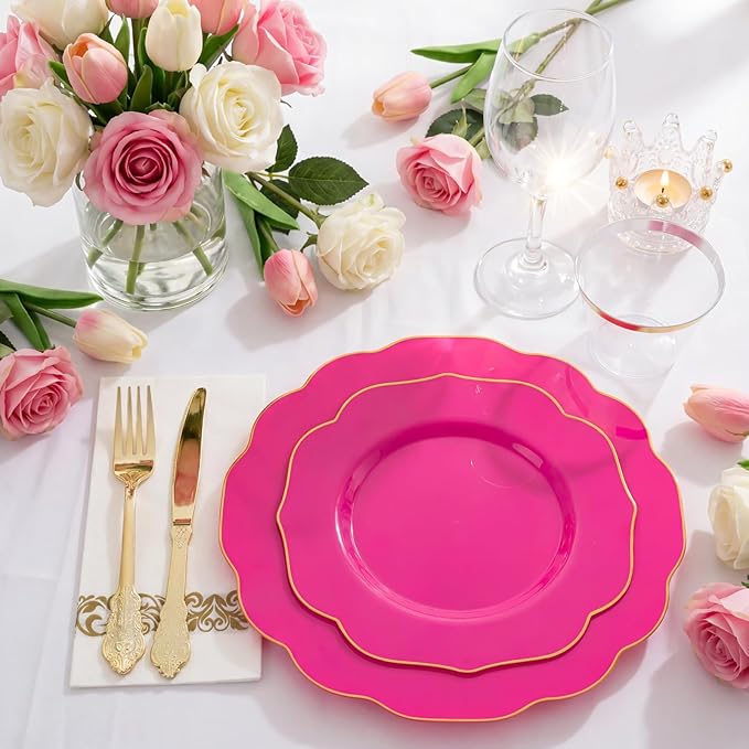 NOCCUR 175PCS Hot Pink Plastic Plates with Gold Disposable Silverware - Include 50 Hot Pink Plates,25 Knives,25 Forks,25 Spoons,25 Cups and 25 Napkins - Ideal for Party/Wedding/Banquet