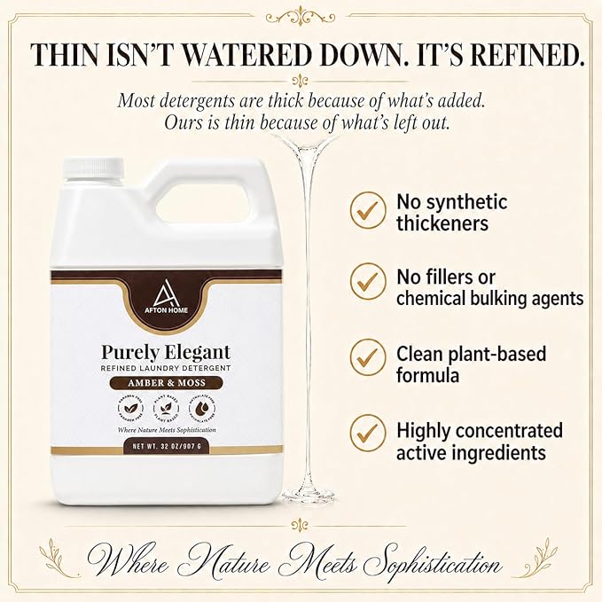 Elegant Luxury Plant-Based Laundry Detergent Amber & Moss Scent, 32oz by Purely Elegant, Biodegradable, Highly Concentrated, Eco-Friendly, Sensitive Skin Safe, Paraben Free, HE, Medium Bottle