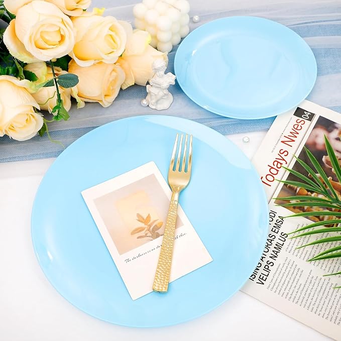 KIRE 60PCS Blue Plastic Plates Disposable - Heavy Duty Light Blue Plates Include 30Pcs 10.25” Dinner Plates and 30Pcs 7.5” for Dessert/Salad in Baby Shower/Picnic/Easter/Spring