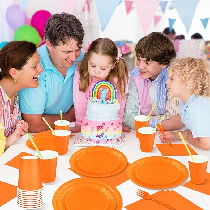 228PCS Orange Party Supplies Set Include Paper Plates Cups Paper Napkins Plastic Spoons Forks Knives for 30 Guests Disposable Party Dinnerware for Birthday Wedding Family Picnic