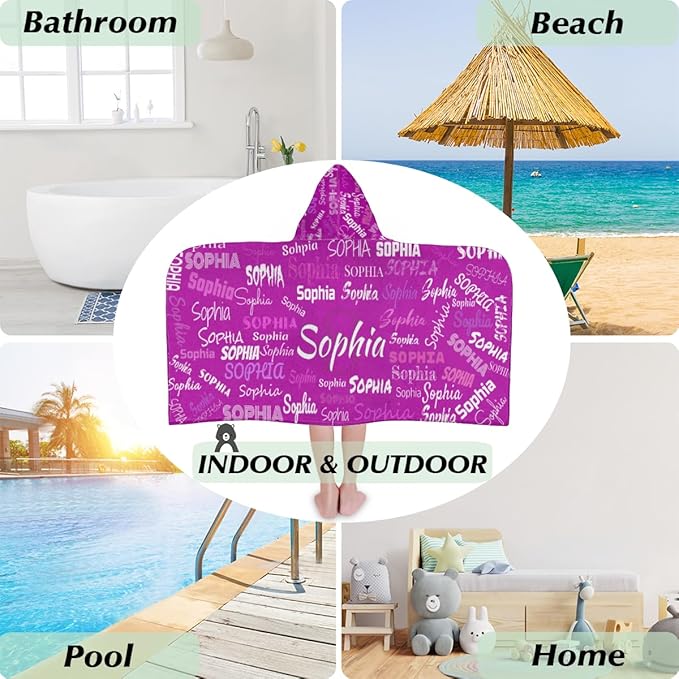 Custom Kids Hooded Bath Towel with Name, Personalized Name Hooded Towel for Boys Girls, Customized Beach Towel Gift for Children, 24" x 50", Solid Purple Pink Color