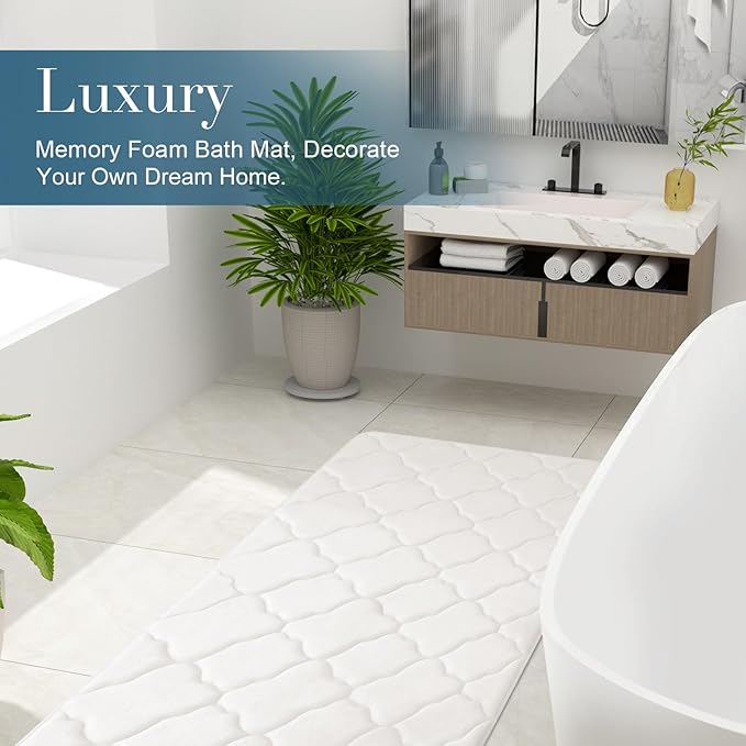 OLANLY Memory Foam Bath Mat Rug 24x16, Ultra Soft and Absorbent Bathroom Rugs, Non-Slip, Comfortable, Machine Washable Bath Carpet for Bathroom Floor, Tub, Shower and Home Decor Accessories, Ivory
