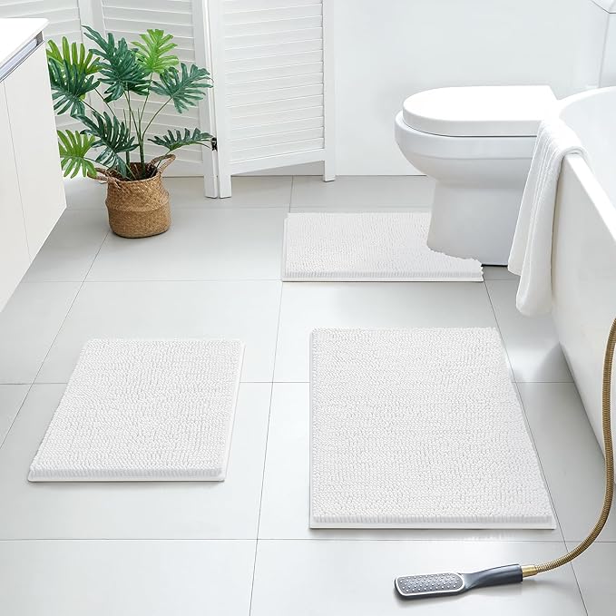 BYSURE White Bathroom Rugs Sets 3 Piece Non Slip Extra Absorbent Plush Chenille Soft Washable Bath Mats