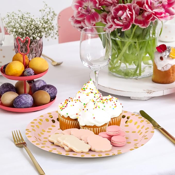 Pink & Gold Dots Disposable Paper Plates, 50 PCS Party Supplies Dessert Plates for Birthday Wedding Bridal Shower (7 Inches)