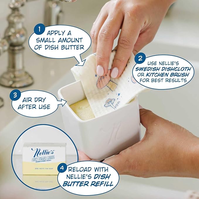 Nellie's Dish Butter - Zero-Waste Alternative to Liquid Dish Soap with Reusable Ceramic Container (White) - Light Lemongrass Scent - Plastic-Free Dishwashing - (Made in Canada)