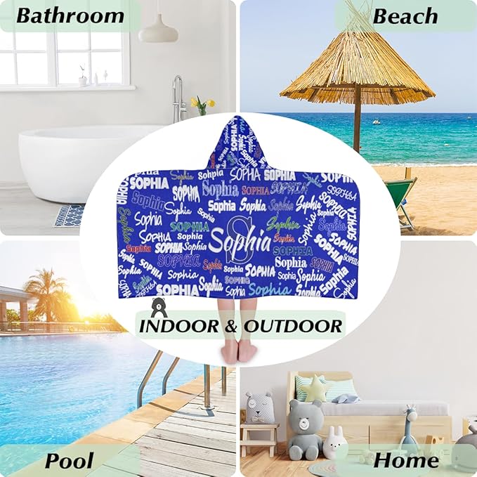 Custom Kids Hooded Beach Towel with Name, Swimsuit Cover-up Wrap Travel Holiday Bath Towel with Snaps, One Size, Royal Blue Background