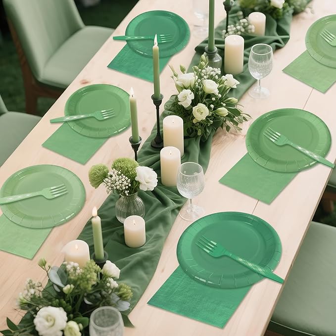 Serves 35 Guests Gradient Sage Green Plates and Napkins Party Supplies,7" Gradient Sage Green Birthday Dessert Paper Plates and Napkins,Disposable Party Dinnerware for Wedding,Graduation