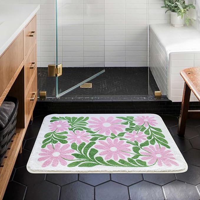 SHIYUE Cute Flower Bath Mat for Bathroom Rugs, Ultra Soft and Fluffy Microfiber Water Absorption Non Slip Mat for Bedroom Kitchen Bathroom Toilet Floors(18"Ć26" Green Pink)