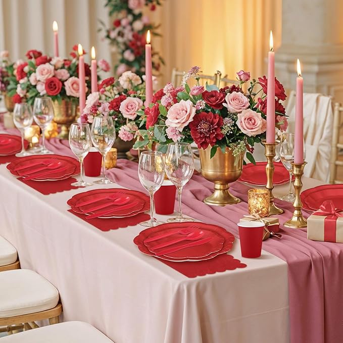 NatNarr 175 Pcs Red Paper Plates and Napkins Set Include 9" Dinner Plates, 7" Dessert Plate Disposable Scalloped Tableware Serve 25 Guest for Wedding Baby Shower Bridal Shower Birthday