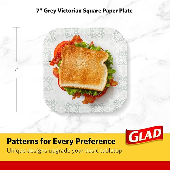 Glad Square Heavy Duty Paper Plates, Soak Proof and Cut Proof Disposable Plates for Parties and Everyday Meals, Microwaveable for Easy Serving, Grey Victorian Pattern, 7 Inch, 50 Count - 12 Pack
