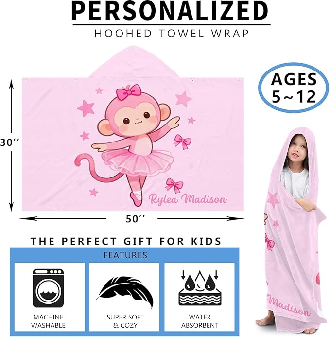 Ballet Dancer Pink Monkey Personalized Hooded Towel Absorbent Wrap Soft Pool Beach Bath Towels Hood Poncho for 5-12 Years Kids Boys Girls