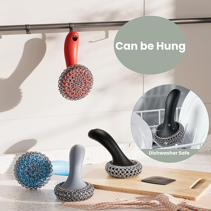 Cast Iron Scrubber with Long Handle | 316 Cast Iron Cleaner Chainmail Scrubber for Cast Iron Pan Skillet Cleaner - Dish Scouring Pad Dishwasher Safe Cleaning Kit (Black, 1 Scrubber + 1 Scraper)