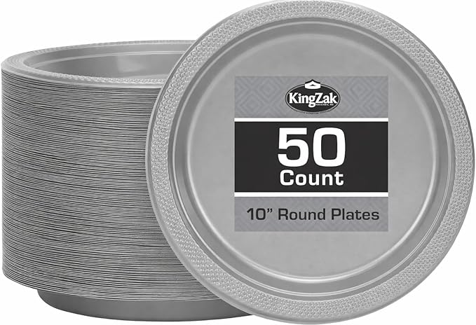 Silver Solid Color Premium Heavy Weight Plastic Dinner Plate (10") 50 Count - Elegant & Durable, Perfect for Parties, Weddings & Everyday Use