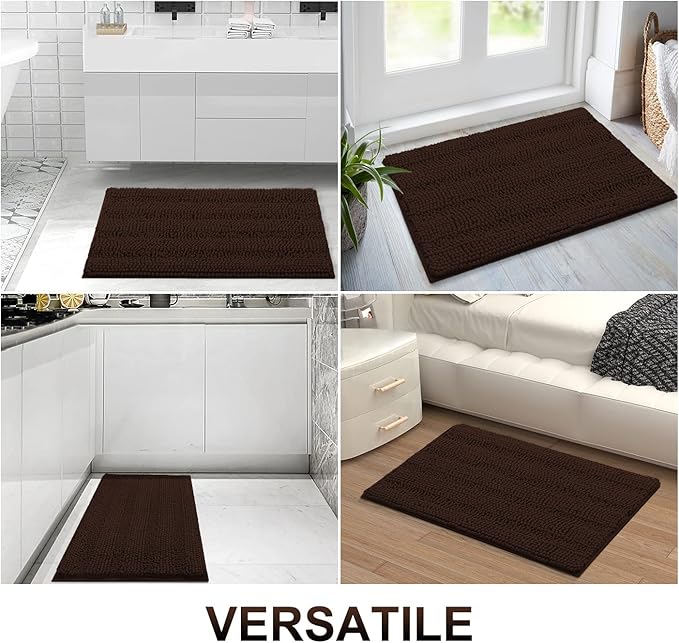 Grandaily Chenille Striped Bathroom Rugs 40x32, Extra Thick and Absorbent Bath Mats, Non-Slip Soft Plush Shaggy Shower Carpet, Machine Wash Dry, Bath Rug for Bathroom, Brown