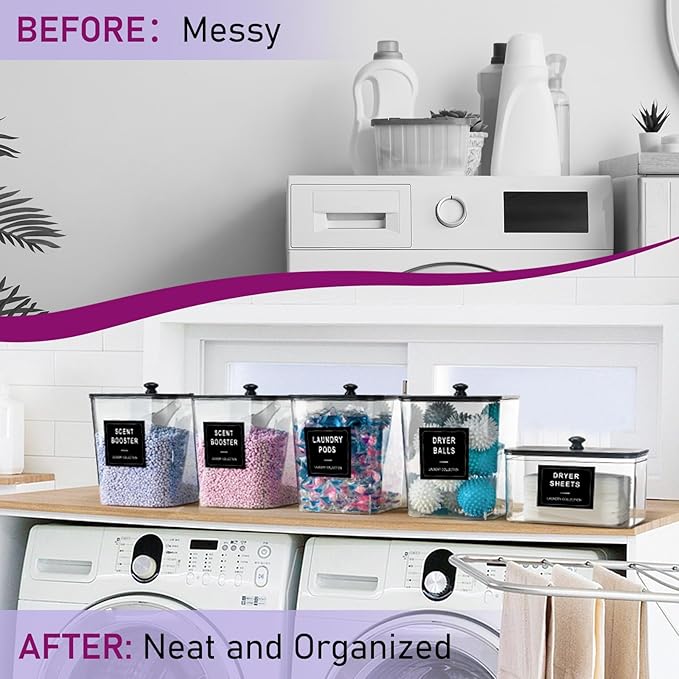5 Pack Laundry Pods Container, Clear Laundry Room Organization Containers,Large Laundry Detergent Powder Storage Containers Black Wooden Lids & Labels, Acrylic Dryer Sheet Holder Decor