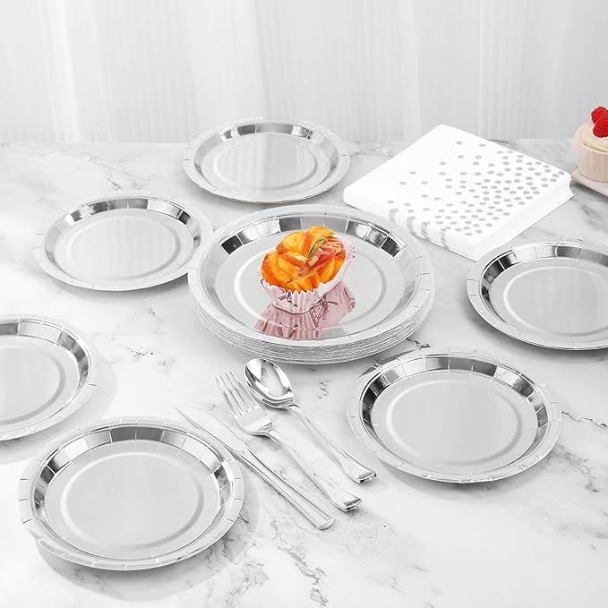 Silver Paper Plates and Napkins Party Supplies,350pcs Silver Plates Disposable Dinnerware Set for Anniversary Graduation Holiday Disco Birthday Party Decorations Serves 50