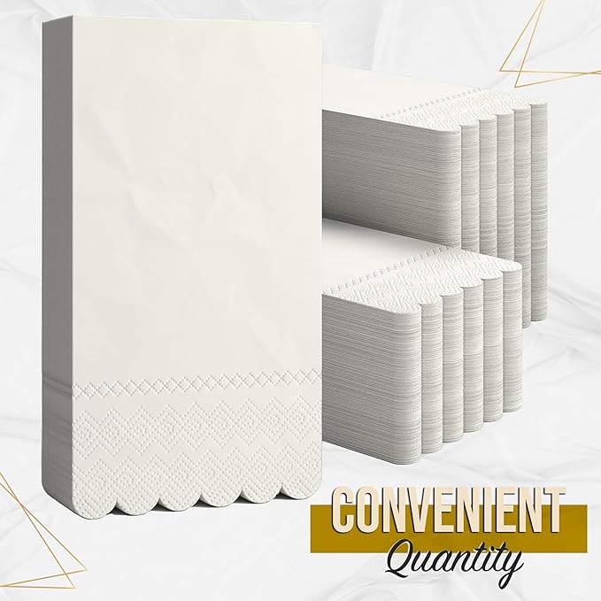 Party Solids Ivory Scalloped Napkins Disposable 100 Pcs 3-Ply Ivory Scalloped Dinner Napkins Disposable Decorative for Dinners & Parties, Paper Guest Towels for Bathroom & Party Supplies