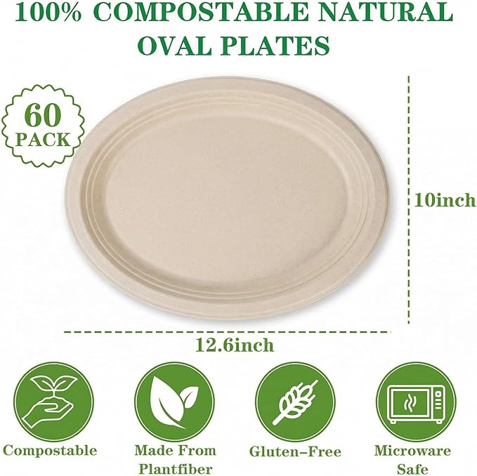 DaYammi 100% Compostable Oval Paper Plates 12 Inch, 60-Pack Heavy Duty Paper Plates Bulk,Biodegradable Bagasse,Eco-Friendly Disposable Dinner Plate for BBQ,Picnic,Party (BPI Certified,Microwaveable)