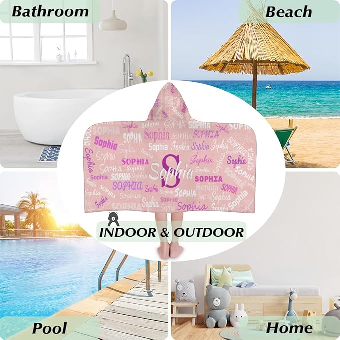 Personalized Beach Towel for Boys Girls - Toddler Towels with Hood Snaps - Personalize Towel with Your Name, Light Pink Solid Color