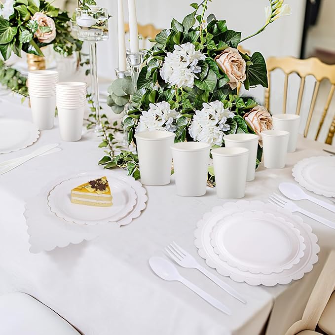 175 Pcs White Paper Plates and Napkins, 25 Guest White Party Supplies Include Scalloped Plates Paper Napkin Cup Plastic Spoon Fork Knive for Baby Shower, Wedding, Birthday