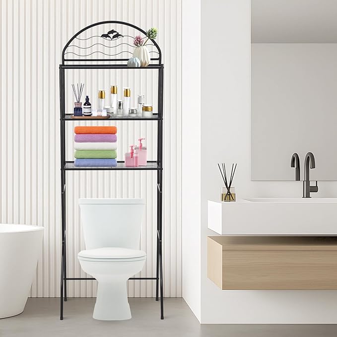 3 Tier Bathroom Over Toilet Storage Organizer Rack, Over the Toilet Storage, Space Saver Wrought Metal Bathroom Shelves, Freestanding Bathrooms Shelf for Restroom Laundry Balcony
