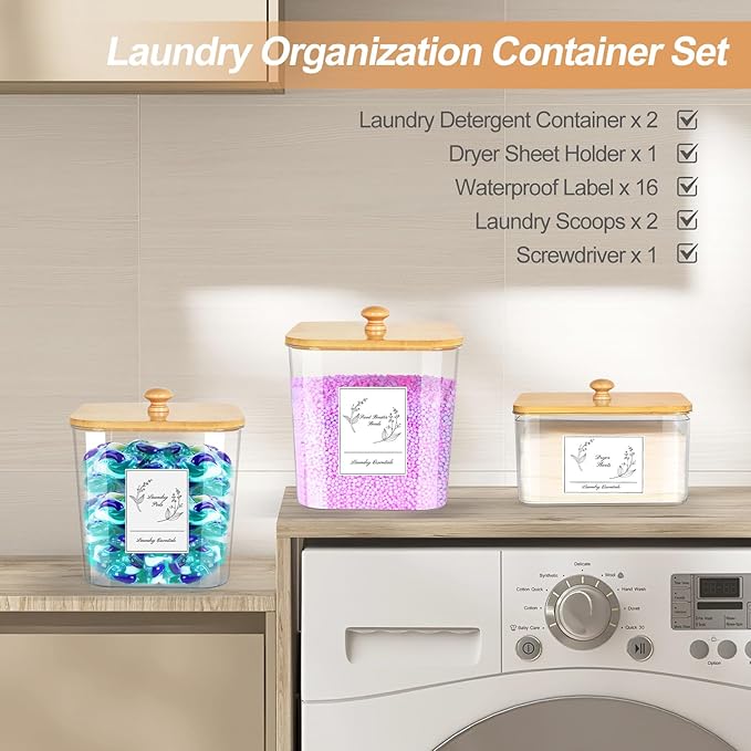 COAZEX 3 Pack Plastic Laundry Pods Container & Dryer Sheet Holder, Laundry Room Organization and Storage Jars with Lids, Scoops & Labels for Detergent, Powder, Scent Booster