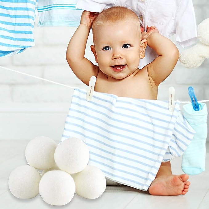 Wool Dryer Balls XL Size 6 Pack, Natural Fabric Softener 100% Organic Premium New Zealand Wool, Chemical Free and Reduces Wrinkles, 1000+ Loads, Baby Safe, Saving Energy & Time, White 6 Count