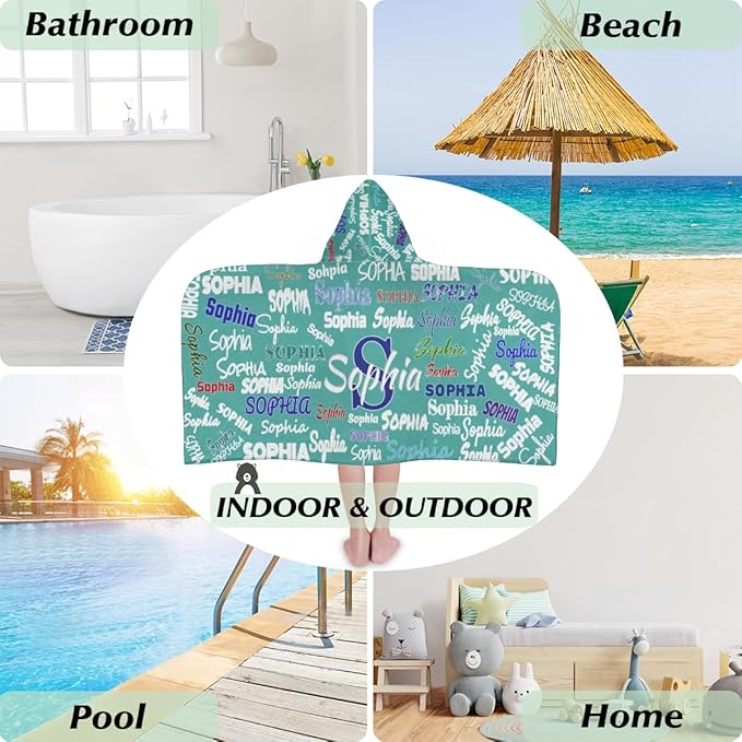 Custom Name Hooded Towels Bath Towels for Kids Toddler Infant Absorbent Bath Shower Gifts for Boy and Girl 24 x 50 Inch, Medium Turquoise Color