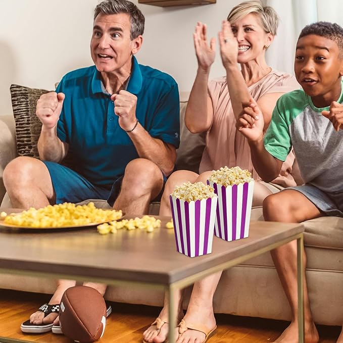 XIEHE 24 Pack Striped Popcorn Boxes - Carnival Parties Mini Paper Popcorn and Candy Containers, Party Supplies for Movie Nights (Purple)
