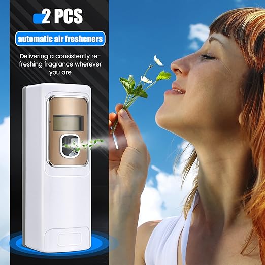 Rossesay 2 Pcs Automatic Air Freshener Spray Dispenser with Screen LCD Perfume Dispenser Wall Mount/Standing Capacity for Bathroom Hotel Office Commercial Place(White)