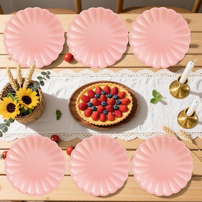 50Pcs Large Scalloped Light Pink Paper Plates 7Inch Shell Edge Dessert Plates for Cake Salad Fruit Disposable Dessert Serving Plates for Birthday Wedding Baby Shower Party Decorations