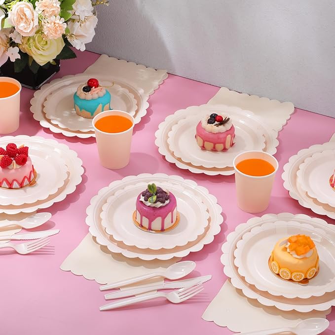 Ziliny 350 Pcs Ivory Plates and Napkins, 50 Guest Cream White Party Supplies Include Scalloped Paper Plates Napkins Cups Plastic Spoons Forks Knives Disposable Tableware Set for Weeding Bridal Shower