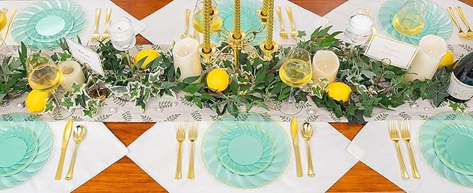 YOUBET 125PCS Clear Green Plastic Plates with Gold Rim - Green and Gold Plastic Plates Include 25 Dinner Plate 25 Dessert Plate 75 Disposable Silverwares for Wedding & Party
