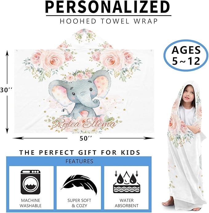 Girl Elephant Floral Personalized Kids Hooded Towel with Name Soft Absorbent Beach Pool Bath Towels Hood Poncho for Boys Girls