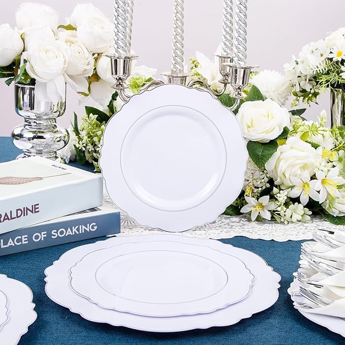Liacere 350PCS Silver Plastic Plates-Disposable White and Silver Plates 50guest Baroque Plastic Dinnerware Set include 100Plates, 50Pack Pre Rolled Napkins with Silverware 50Cups Perfect for Wedding