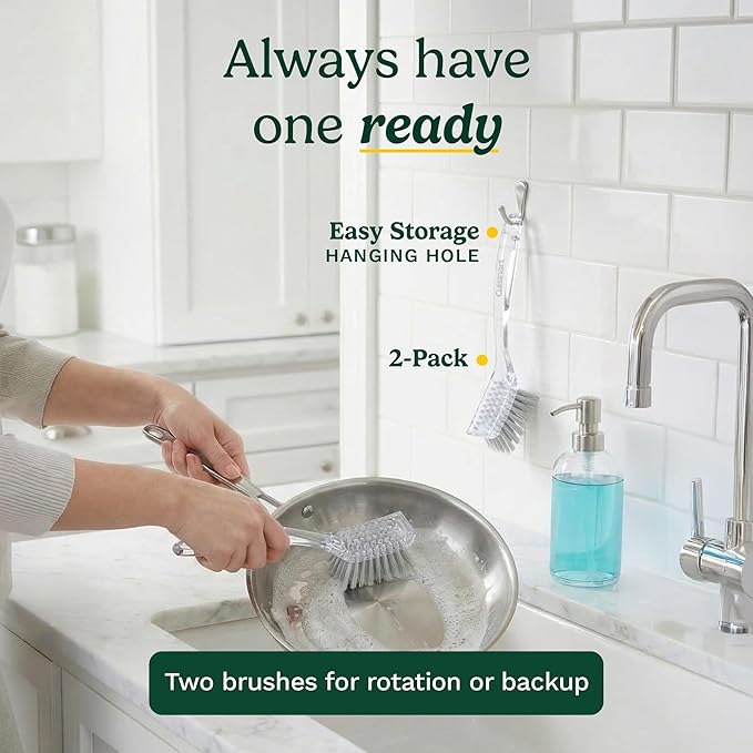 Cuisinart Dish Brush with Handle 2 Pack – Kitchen Scrub Brush for Dishes, Pots & Pans, Non-Scratch Dish Scrubber, Firm Bristles for Sink & Cookware, Comfortable Grip for Everyday Cleaning