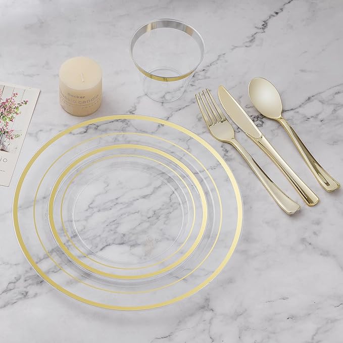 BESTVIP 600PCS Clear Gold Dinnerware Set for 100 Guests, Plastic Plates for Party, Christmas and New Year, 100 Disposable Plates, 100 Dessert Plates, 100 Cups, 100 Spoons, 100 Forks and 100 Knives