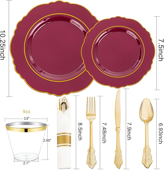 Liacere 350PCS Red Plastic Plates-Disposable Burgundy Red and Gold Plates 50guest Baroque Plastic Dinnerware include 100Plates, 50Pack Pre Rolled Napkins with Silverware 50Cups for Wedding&Mothers Day