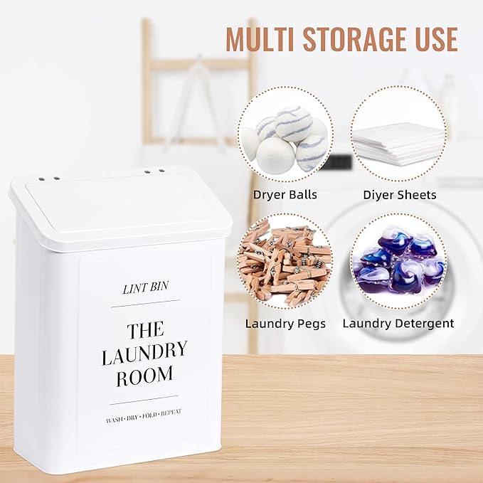 Magnetic Lint Bin for Laundry Room with Lint Brush and Magnetic Hook, Wall Mounted Lint Box with Lid, Farmhouse Laundry Room Decor