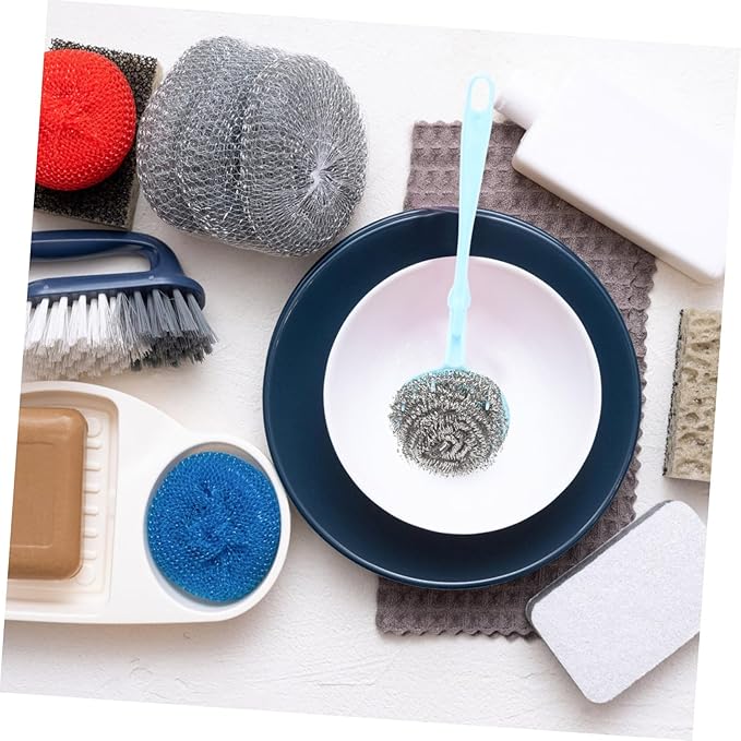 OUNONA Steel Scrubber Cleaning Ball Set Stainless Steel Pot Scrubber with Handle Kitchen Supplies for Dish Cleaning Random Color