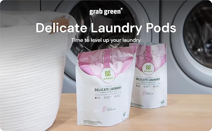 Grab Green Delicate Laundry Detergent Pods, 60 Count, Fragrance Free, Plant and Mineral Based, Gently Cleans, Eliminates Stains, Ideal for Fine Fabrics, Packaging may vary