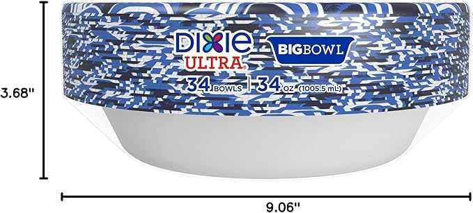 Dixie Ultra Extra Large Paper Bowls, 34 oz, 34 Count, Compostable, Microwave Safe, Disposable Bowls for Heavy Meals, Soups, Stews, and Everyday Use