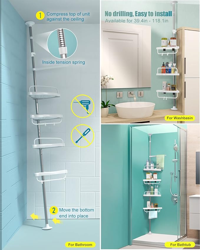 4 Layer Corner Shower Caddy, Stainless Steel Constant Tension Pole Shower Organizer, Adjustable Corner Shower Shelf, Rustproof 3.3 to 9.8 ft