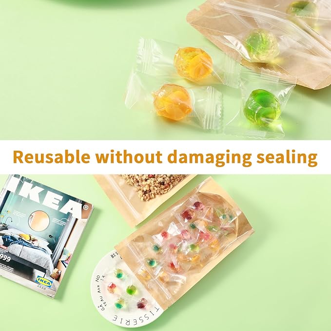 200 Pack Kraft Paper Bags with Clear Window 4x6 Reclosable Small Stand Up Mylar Bags for Food Storage Resealable Smell Proof Pouch, Edible Packaging, Reusable bags for Small Business