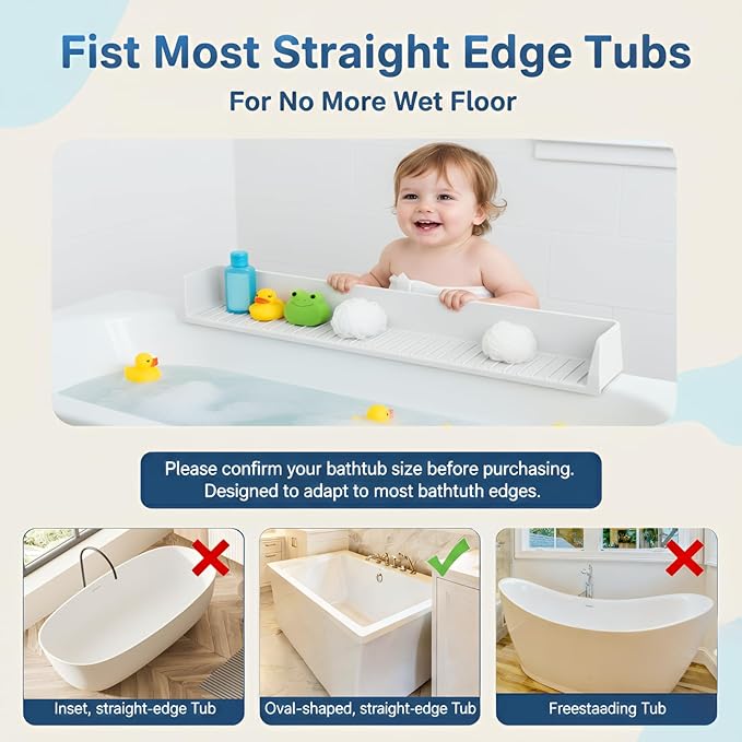 Bathtub Splash Guard for Kids, Silicone Tub Edge Guard & Splash Barrier with Strong Suction Cups, Bath Toy Shelf & Tray Holder, Prevent Water Spills on Bathroom Floor, Extra Long Tub Ledge Shelf