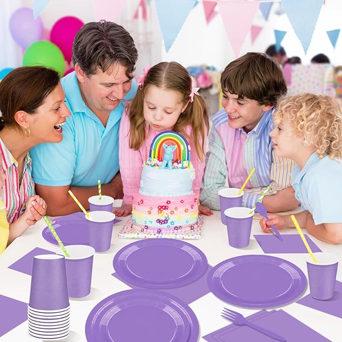 228PCS Lavender Party Supplies Set Include Paper Plates Cups Paper Napkins Plastic Spoons Forks Knives for 30 Guests Disposable Party Dinnerware for Birthday Wedding Family Picnic