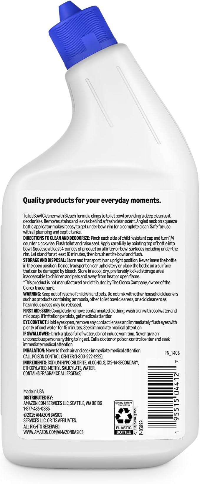 Amazon Basics Toilet Bowl Cleaner with Cling Action Formula, Bleach, Fresh Scent, 24 Fl Oz, Pack of 2, Packaging May Vary