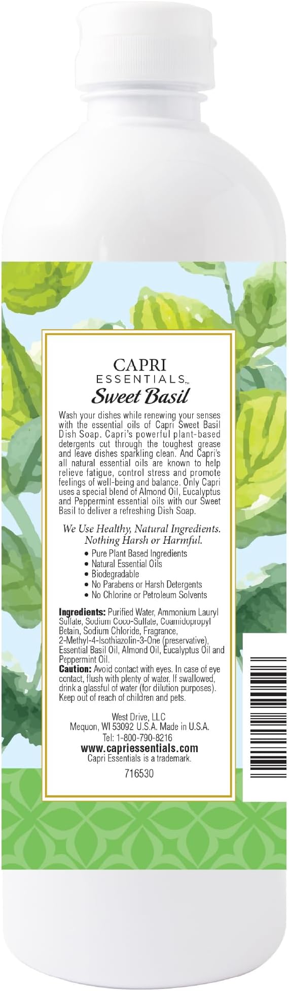 CAPRI ESSENTIALS Dish Soap Liquid, Natural Household Cleaning Supplies, Plant Based Aromatic Dish Detergent, Blend of Essential Oils with Almond Oil, Eucalyptus & Peppermint, Sweet Basil, 16 FL Oz